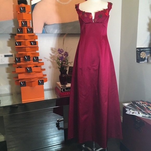 Richard Tyler Dresses & Skirts - Richard Tyler Raspberry Red Silk Satin Couture Leaf Dress